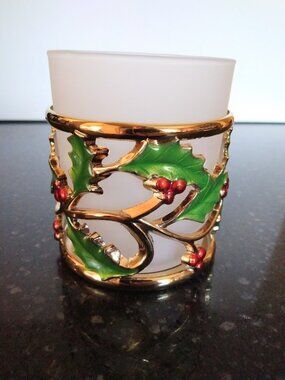 Lenox Christmas Gold Votive Candle Holder Holly & Berries Holiday Tea Light